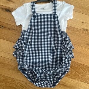 Carter’s Baby Girl Gingham Romper 12 Months Blue & White Ruffle Bubble – NWOT
